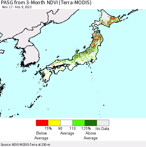 Japan PASG from 3-Month NDVI (Terra-MODIS) Thematic Map For 2/2/2023 - 2/9/2023