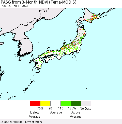 Japan PASG from 3-Month NDVI (Terra-MODIS) Thematic Map For 2/10/2023 - 2/17/2023