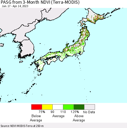 Japan PASG from 3-Month NDVI (Terra-MODIS) Thematic Map For 4/7/2023 - 4/14/2023