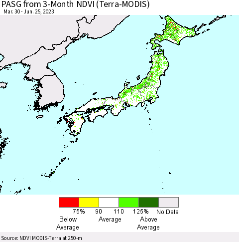 Japan PASG from 3-Month NDVI (Terra-MODIS) Thematic Map For 6/18/2023 - 6/25/2023