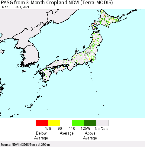 Japan PASG from 3-Month Cropland NDVI (Terra-MODIS) Thematic Map For 5/25/2021 - 6/1/2021