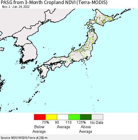 Japan PASG from 3-Month Cropland NDVI (Terra-MODIS) Thematic Map For 1/17/2022 - 1/24/2022