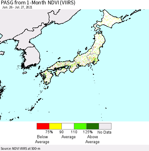 Japan PASG from 1-Month NDVI (VIIRS) Thematic Map For 7/20/2021 - 7/27/2021