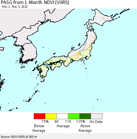 Japan PASG from 1-Month NDVI (VIIRS) Thematic Map For 2/26/2022 - 3/5/2022