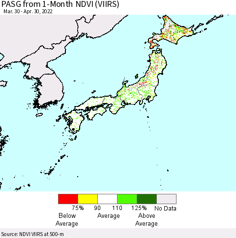 Japan PASG from 1-Month NDVI (VIIRS) Thematic Map For 4/23/2022 - 4/30/2022