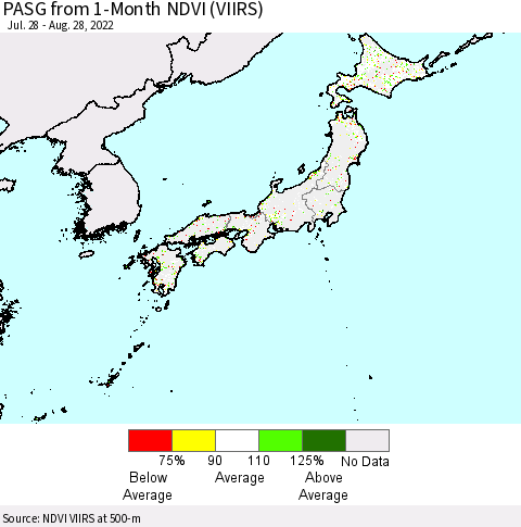 Japan PASG from 1-Month NDVI (VIIRS) Thematic Map For 8/21/2022 - 8/28/2022