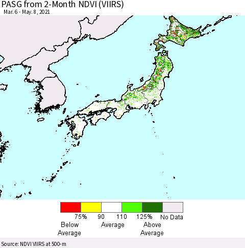 Japan PASG from 2-Month NDVI (VIIRS) Thematic Map For 5/1/2021 - 5/8/2021