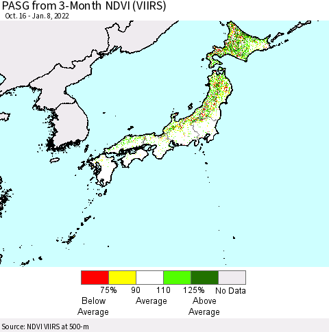 Japan PASG from 3-Month NDVI (VIIRS) Thematic Map For 1/1/2022 - 1/8/2022