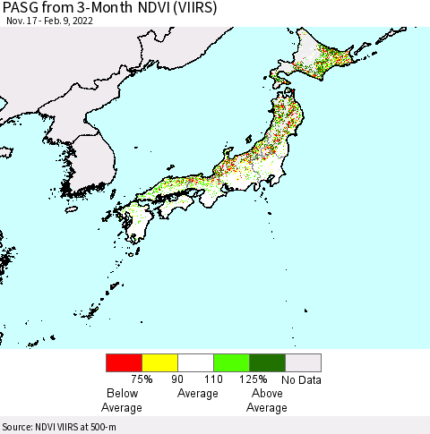 Japan PASG from 3-Month NDVI (VIIRS) Thematic Map For 2/2/2022 - 2/9/2022