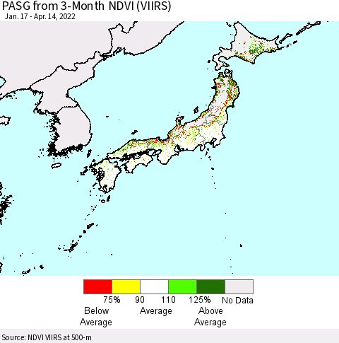 Japan PASG from 3-Month NDVI (VIIRS) Thematic Map For 4/7/2022 - 4/14/2022