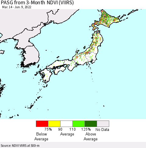 Japan PASG from 3-Month NDVI (VIIRS) Thematic Map For 6/2/2022 - 6/9/2022