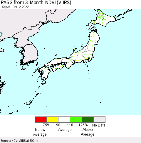 Japan PASG from 3-Month NDVI (VIIRS) Thematic Map For 11/25/2022 - 12/2/2022