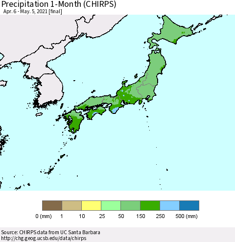 Japan Precipitation 1-Month (CHIRPS) Thematic Map For 4/6/2021 - 5/5/2021