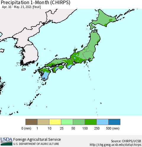 Japan Precipitation 1-Month (CHIRPS) Thematic Map For 4/16/2021 - 5/15/2021