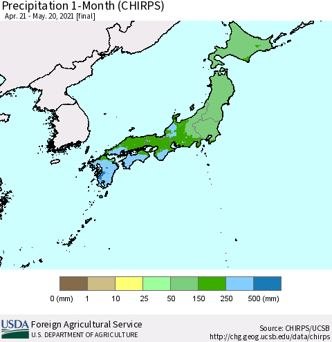 Japan Precipitation 1-Month (CHIRPS) Thematic Map For 4/21/2021 - 5/20/2021