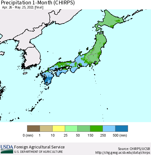Japan Precipitation 1-Month (CHIRPS) Thematic Map For 4/26/2021 - 5/25/2021