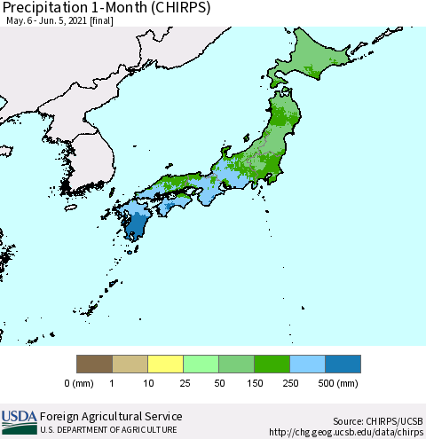 Japan Precipitation 1-Month (CHIRPS) Thematic Map For 5/6/2021 - 6/5/2021