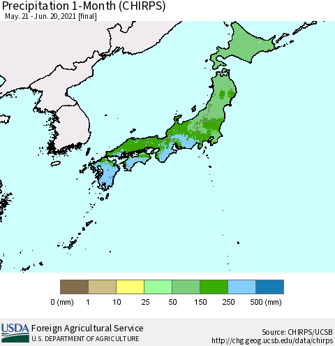 Japan Precipitation 1-Month (CHIRPS) Thematic Map For 5/21/2021 - 6/20/2021