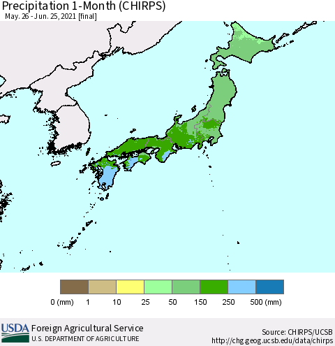 Japan Precipitation 1-Month (CHIRPS) Thematic Map For 5/26/2021 - 6/25/2021
