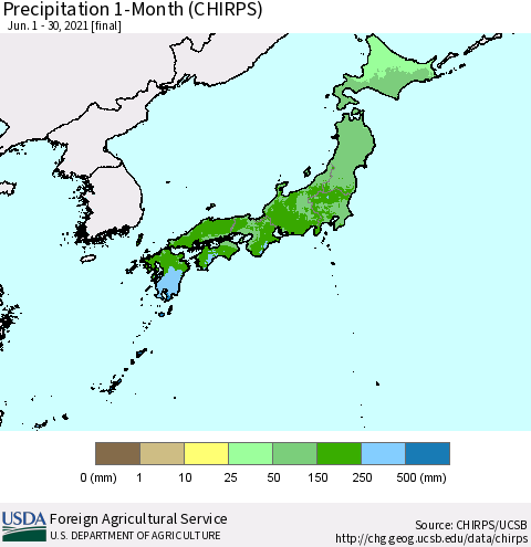 Japan Precipitation 1-Month (CHIRPS) Thematic Map For 6/1/2021 - 6/30/2021