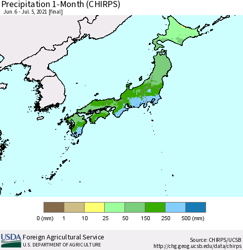 Japan Precipitation 1-Month (CHIRPS) Thematic Map For 6/6/2021 - 7/5/2021