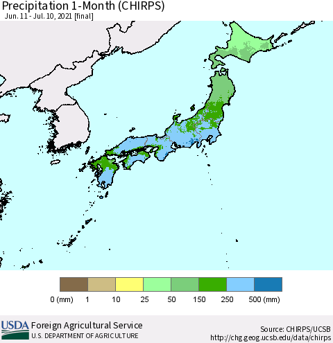 Japan Precipitation 1-Month (CHIRPS) Thematic Map For 6/11/2021 - 7/10/2021