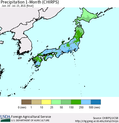 Japan Precipitation 1-Month (CHIRPS) Thematic Map For 6/16/2021 - 7/15/2021