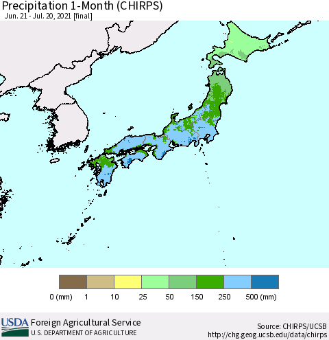 Japan Precipitation 1-Month (CHIRPS) Thematic Map For 6/21/2021 - 7/20/2021