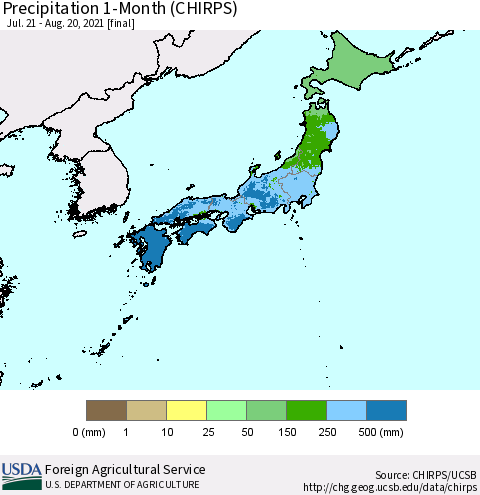 Japan Precipitation 1-Month (CHIRPS) Thematic Map For 7/21/2021 - 8/20/2021