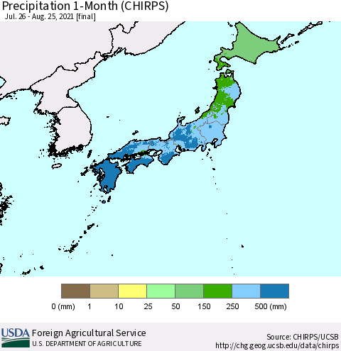 Japan Precipitation 1-Month (CHIRPS) Thematic Map For 7/26/2021 - 8/25/2021