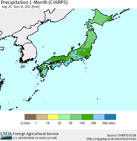Japan Precipitation 1-Month (CHIRPS) Thematic Map For 8/26/2021 - 9/25/2021
