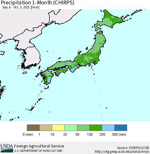 Japan Precipitation 1-Month (CHIRPS) Thematic Map For 9/6/2021 - 10/5/2021