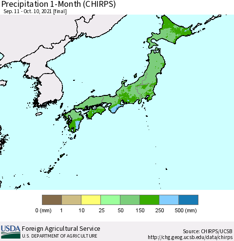 Japan Precipitation 1-Month (CHIRPS) Thematic Map For 9/11/2021 - 10/10/2021