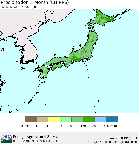 Japan Precipitation 1-Month (CHIRPS) Thematic Map For 9/16/2021 - 10/15/2021
