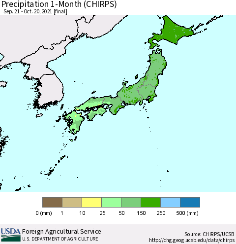 Japan Precipitation 1-Month (CHIRPS) Thematic Map For 9/21/2021 - 10/20/2021