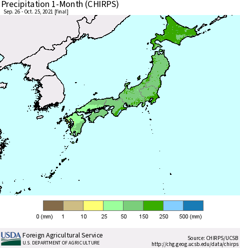 Japan Precipitation 1-Month (CHIRPS) Thematic Map For 9/26/2021 - 10/25/2021