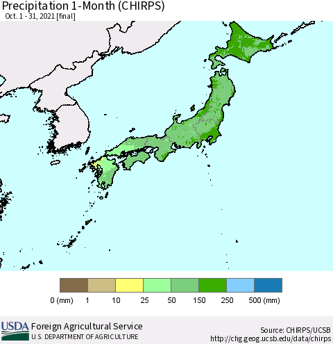 Japan Precipitation 1-Month (CHIRPS) Thematic Map For 10/1/2021 - 10/31/2021