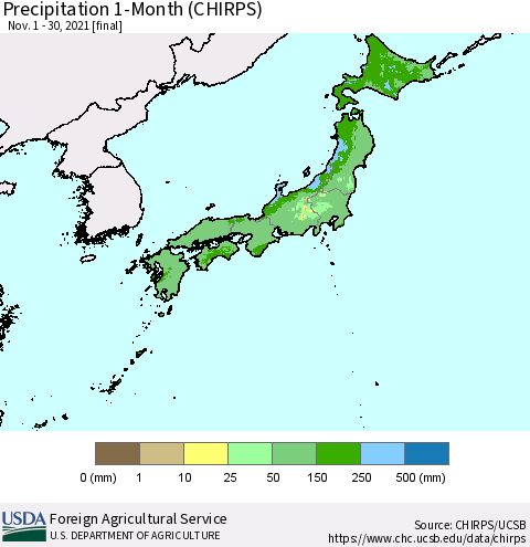Japan Precipitation 1-Month (CHIRPS) Thematic Map For 11/1/2021 - 11/30/2021