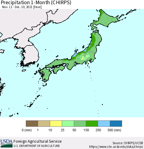 Japan Precipitation 1-Month (CHIRPS) Thematic Map For 11/11/2021 - 12/10/2021