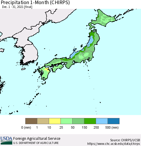 Japan Precipitation 1-Month (CHIRPS) Thematic Map For 12/1/2021 - 12/31/2021