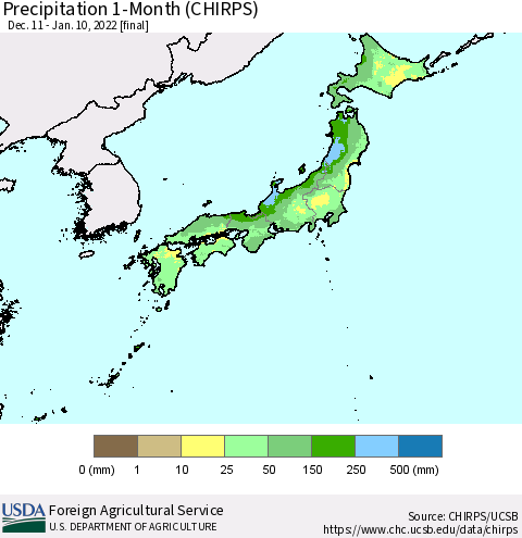 Japan Precipitation 1-Month (CHIRPS) Thematic Map For 12/11/2021 - 1/10/2022