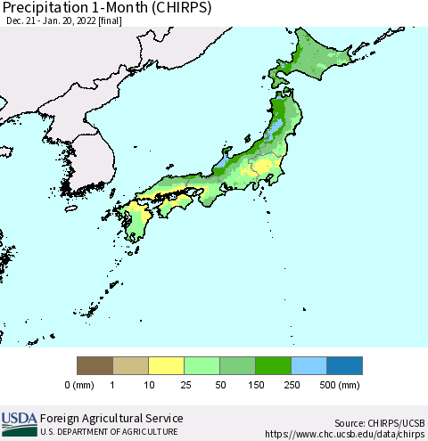 Japan Precipitation 1-Month (CHIRPS) Thematic Map For 12/21/2021 - 1/20/2022