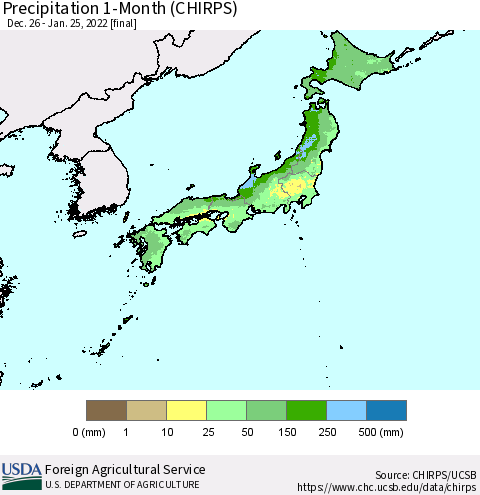 Japan Precipitation 1-Month (CHIRPS) Thematic Map For 12/26/2021 - 1/25/2022