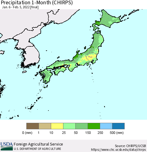 Japan Precipitation 1-Month (CHIRPS) Thematic Map For 1/6/2022 - 2/5/2022