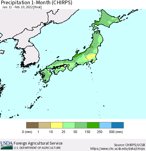 Japan Precipitation 1-Month (CHIRPS) Thematic Map For 1/11/2022 - 2/10/2022
