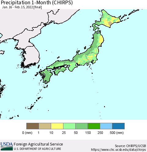 Japan Precipitation 1-Month (CHIRPS) Thematic Map For 1/16/2022 - 2/15/2022