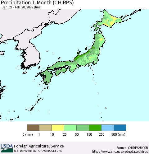 Japan Precipitation 1-Month (CHIRPS) Thematic Map For 1/21/2022 - 2/20/2022
