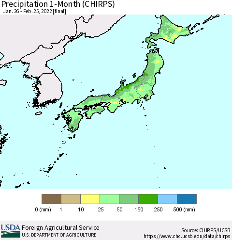 Japan Precipitation 1-Month (CHIRPS) Thematic Map For 1/26/2022 - 2/25/2022