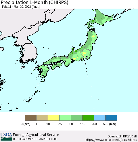 Japan Precipitation 1-Month (CHIRPS) Thematic Map For 2/11/2022 - 3/10/2022