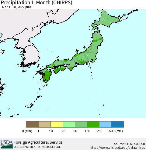 Japan Precipitation 1-Month (CHIRPS) Thematic Map For 3/1/2022 - 3/31/2022